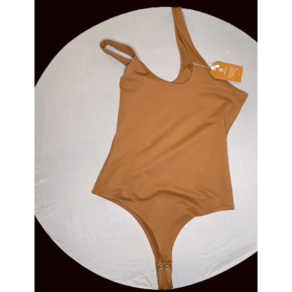 REORIA Sculpting Bodysuit Asymmetrical Style Brown Festival Wear Size: Sm